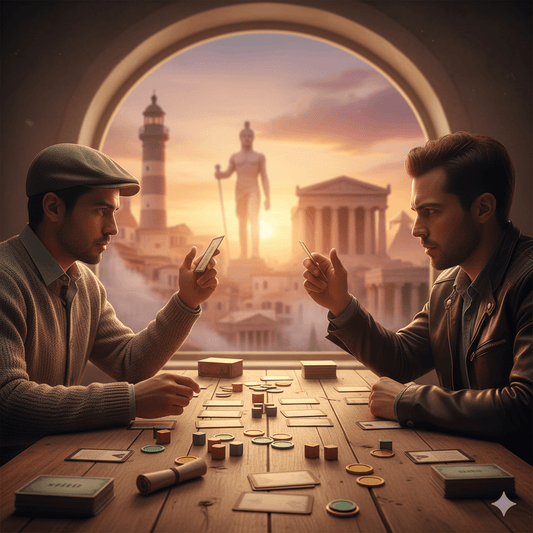 AltDos personas libran un duelo de civilizaciones en un juego de mesa, con maravillas antiguas difuminadas al atardecer de fondo